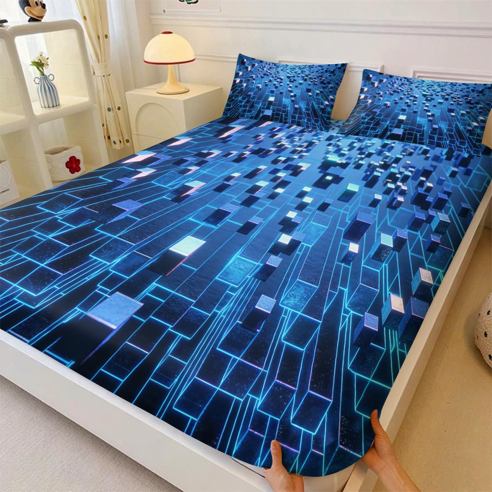 Deep Sea Neon Cube 3D Visual Fitted Sheet Set & 2 Pillowcases No Core, Blue Metallic or Glass Reflective Textures Square Matrix Blocks Design, Soft Wrinkle-Resistant, Futuristic Bedroom Decor, Gift Choice