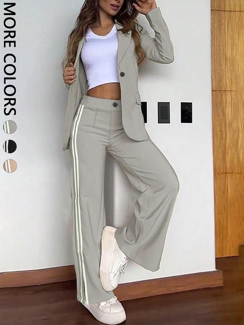 Women's Casual Suit Set, Pure Color Top + Loose Fit Long Pants, 2 Piece, Comfortable and Stylish, Perfect for Daily Wear