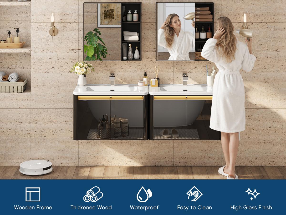 30-in Wood Floating Bathroom Vanity Set - Storage Cabinet, Sink, Faucet, Mirror, Glossy Wall Cabinets, LED Sensor Light, Wall-Mounted Design, Soft-Close Drawers for Organization, Bathroom Storage Cabinet,dorm essentials,home decor 30-in Wood Floating Bathroom Vanity Set - Storage Cabinet, Sink, Faucet, Mirror, Glossy Wall Cabinets, LED Sensor Light, Wall-Mounted Design, Soft-Close Drawers for Organization, Bathroom Storage Cabinet,dorm essentials,home decor