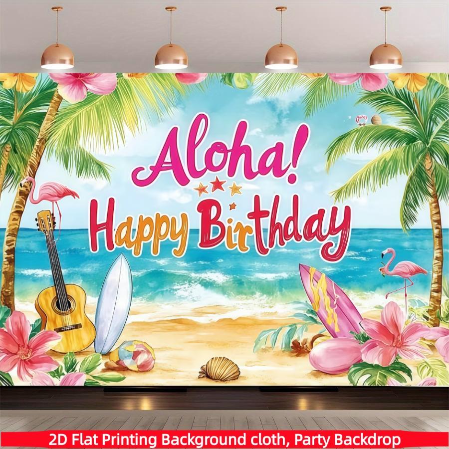 Vibrant Hawaiian birthday background banner,graffiti beach scene with flamingos and palm trees, suitable for summer parties, photo booth props and cake table decorations, Hawaiian party decorations, multifunctional decorations for outdoor birthday parties