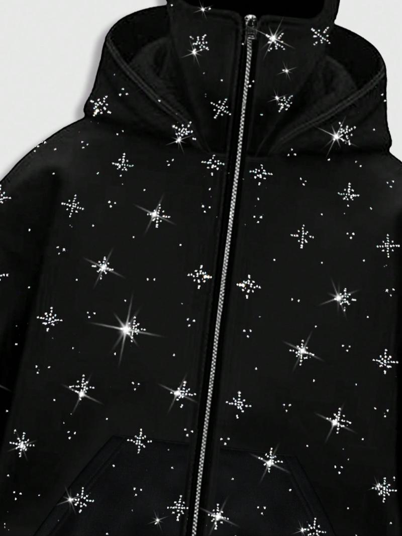 Men's Street Style Rhinestone HooMen's Street Style Rhinestone Hooded Sweatshirt, Pocket and Zip Design, Fall & Winter Wear, Geometric Pattern, Fitted Fitded Sweatshirt, Pocket and Zip Design, Fall & Winter Wear, Geometric Pattern, Fitted Fit