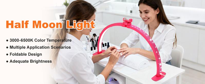 Half Moon Light for Nail Desk with Phone Holder, 28IN Folding Half-Moon Light wit10h Shinning Diamond, LED Lamp for Nail Art, Eyelash Extension, Tattooing, Skin Management, 10 Brightness Levels Half Moon Light for Nail Desk with Phone Holder, 28IN Folding Half-Moon Light wit10h Shinning Diamond, LED Lamp for Nail Art, Eyelash Extension, Tattooing, Skin Management, 10 Brightness Levels