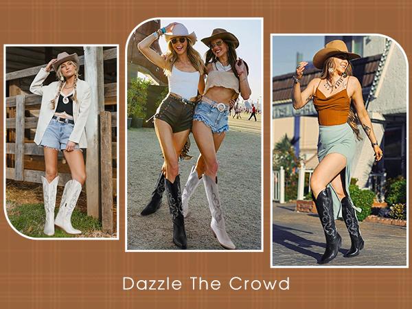 Cowboy Boots for Women - Wide Calf Sparkly Cowgirl Boots, Women's Knee High Western Rhinestone Boots, Glitter Sparkle Ladies Tall Boots with Classic Embroidery and Side Zipper Botas, Halloween Gifts