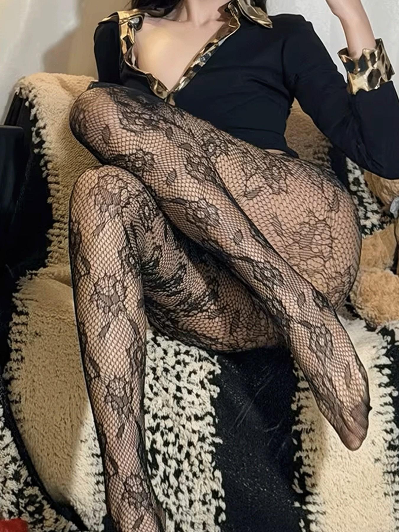 Rose Lace Stockings, Slim-Fitting Fishnet Stockings, All over Print, Fashionable for All Seasons, Bold Style for Trendy