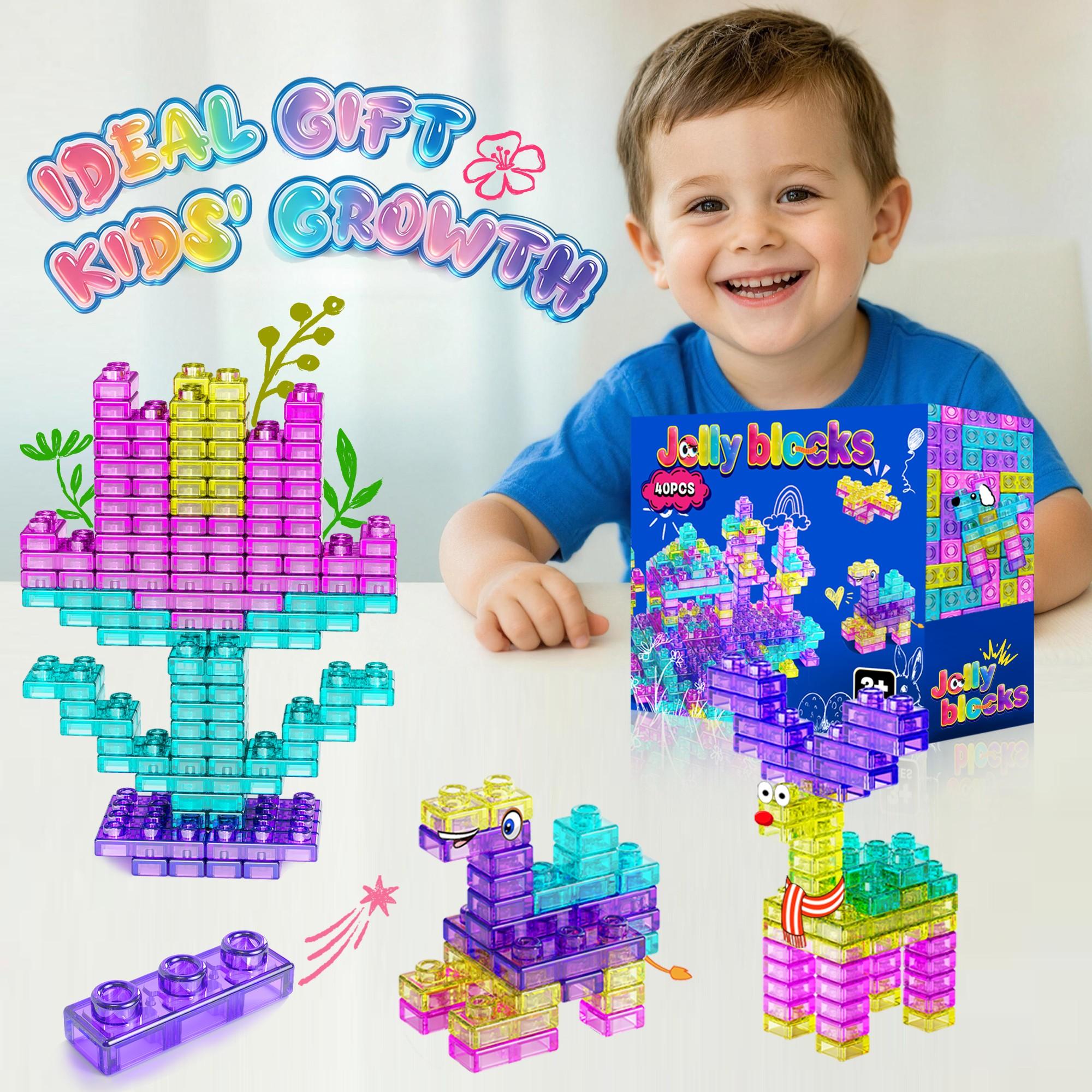 40PCS Squishy Blocks for Toddlers, Soft Jelly Building Blocks Sensory Toys for 3+ Year Old Kids, Stretchy Montessori STEM Stacking Blocks, Non-Toxic Silicone Educational Construction Set Birthday Gift