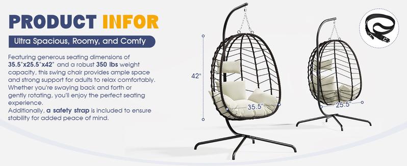Valentine's Gift for Her  WTFGO Indoor and Outdoor Universal Hanging Basket Chair with Stand(82*35.5*), Hand-Woven PE Rattan Swing Chair with  FallFreshness Cushion, Adjustable Chain Length, Suitable for Bedroom, Balcony, Garden