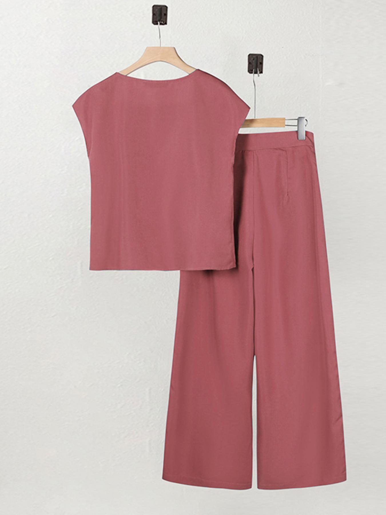 Women's Solid Button Front Top & Wide Leg Pants Two-piece Set, Casual Short Sleeve Top & Pants for Summer, 2 Piece Sets Women, Ladies Clothes for Daily Wear