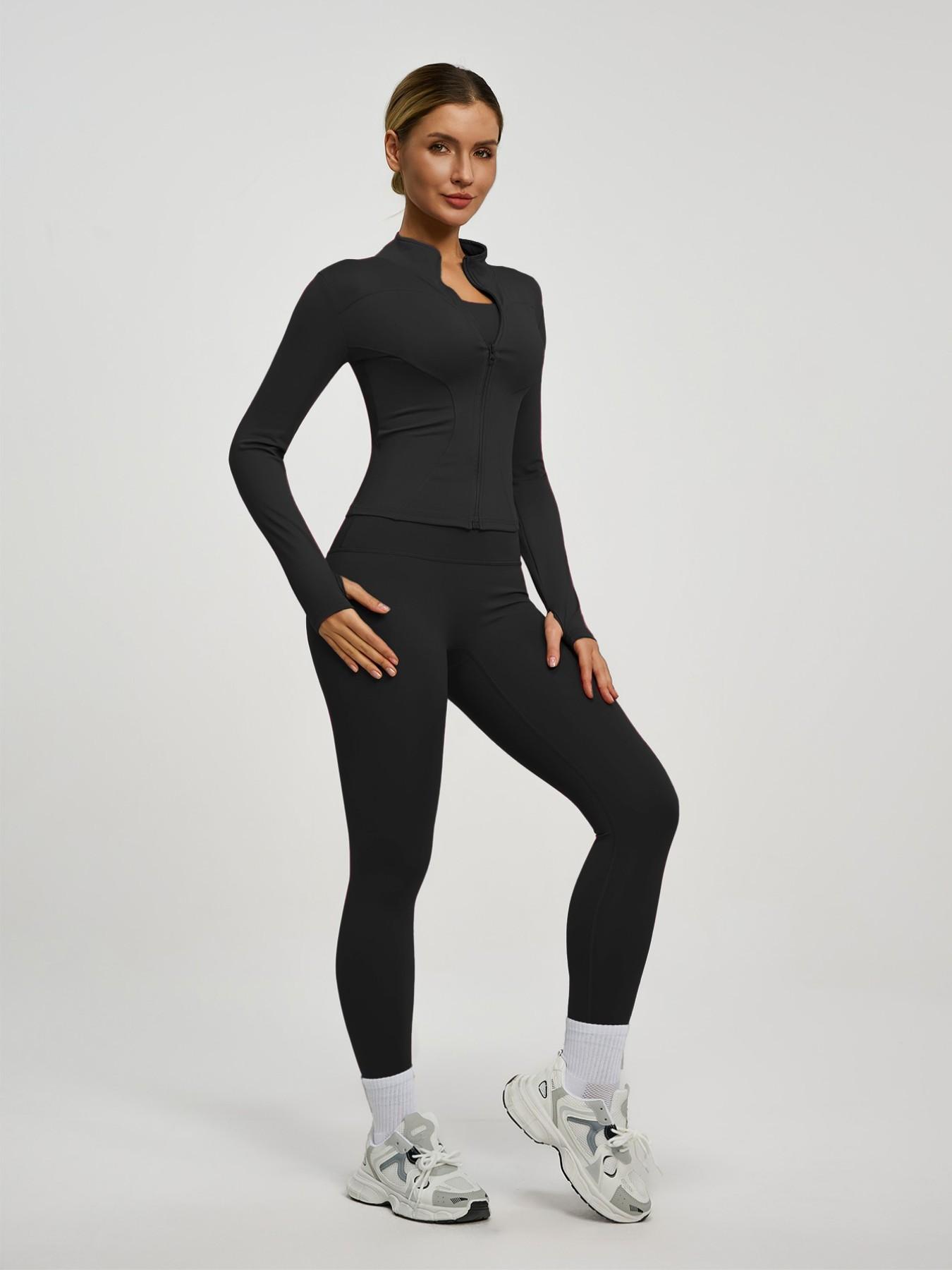 New Women's Solid Color Casual Fashion High-End Long Sleeve Quick-Dry Sports Set, Yoga Essential Jacket, Elastic Tight Yoga Pants, Activewear Clothing