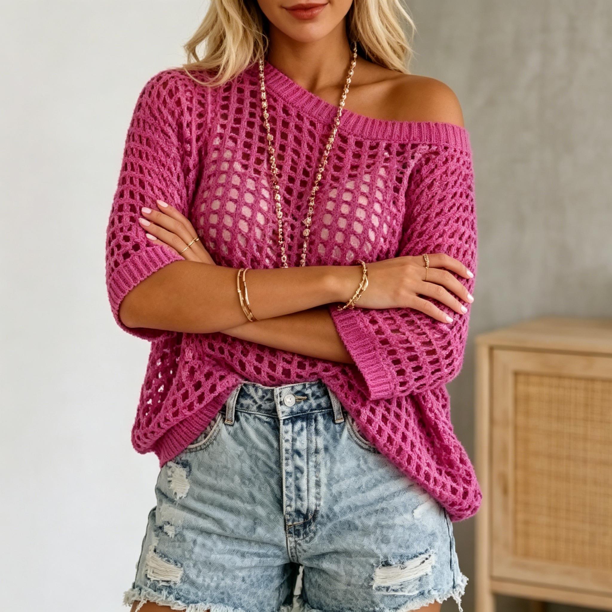 Women's Crochet Knit Hollow Out Slouchy Sweater Loose Fit Drop Shoulder Crop Top Casual Beach Cover Up
