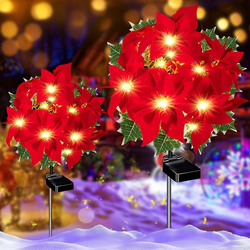 4-Pack Solar Red Flower Outdoor Waterproof Lights, 7-stem Flower Light Decorations, suitable for garden and courtyard decoration. They can also be used as floral blossom-themed party decorations, Independence Day decorations, and gift decorations for moms