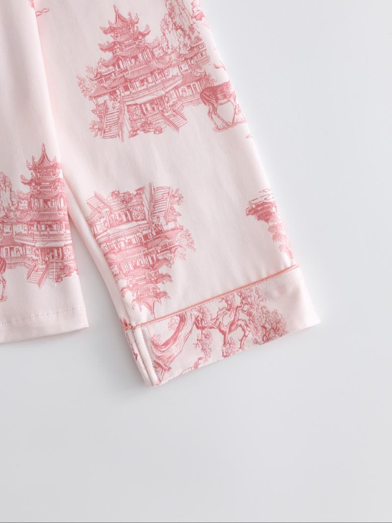 【Plus Size】 Two-Piece Set Landscape Ink Painting Print Shirt & Pants Pajama, Casual Comfy Long Sleeve Lapel Neck Button Front Pocket Top & Elastic Waist Trousers Pj Set, Women's Sleepwear for All Seasons