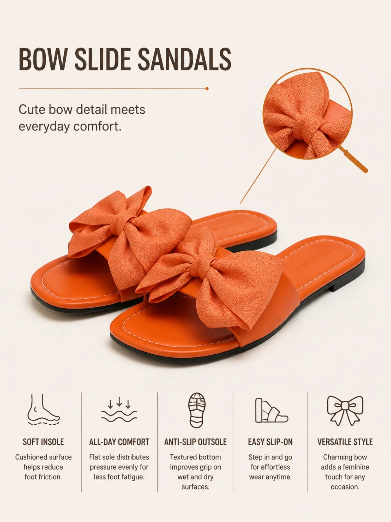Big Bow Decor Slip On Slide Fashionable Sandals, Non Slip Flat Casual Women Slides, Viral Trend Shoes for Beach Walking & Daily Wear
