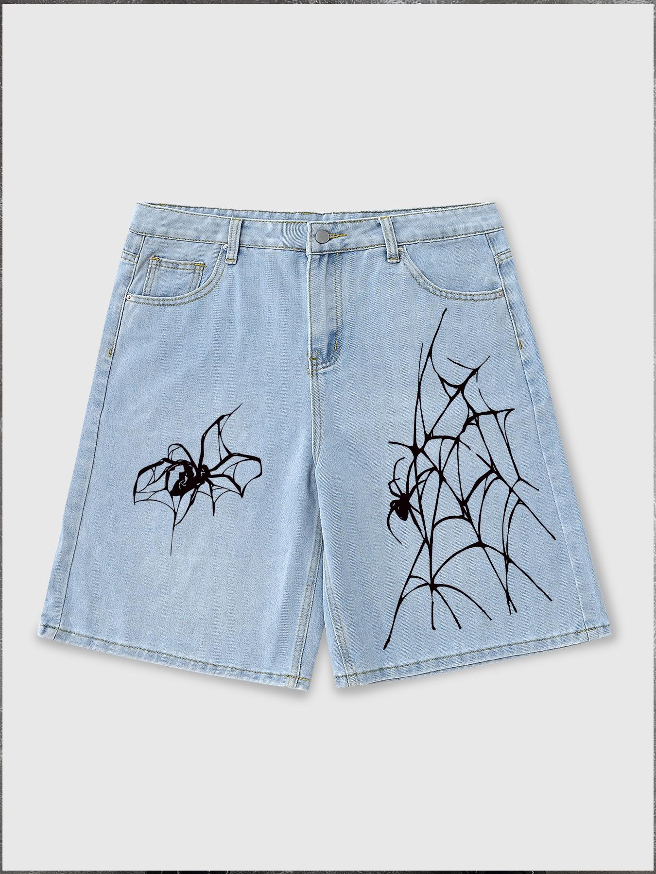 Men's Spider Web Print Denim Shorts, Y2K Gothic Street Style, Hip Hop Casual Loose Fit, Summer Daily Wear, Graphic Pattern
