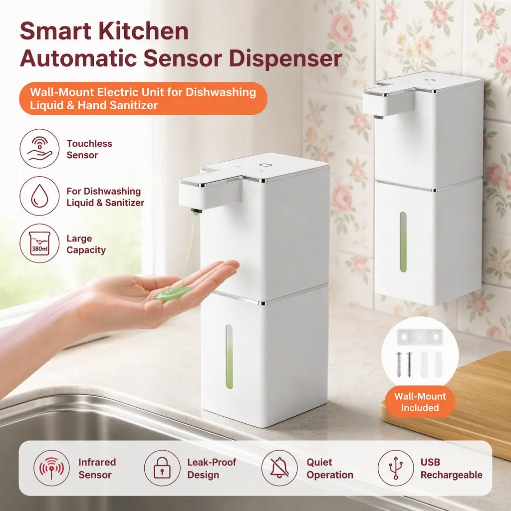 Kitchen Wall‑Mount Automatic Sensor Dispenser, Electric Smart Machine for Dishwashing Liquid and Hand Sanitizer