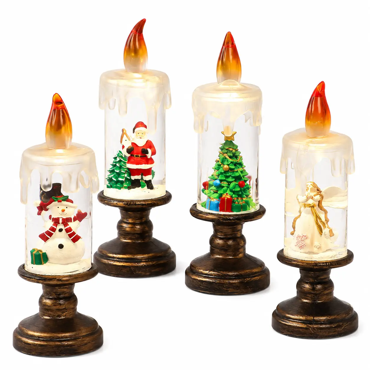 Festive Water-Filled LED Night Lights Featuring Snowflake and Santa Claus Designs—Battery-Powered, Safe Indoor Holiday Decor for Mantels, Shelves, and Christmas Displays