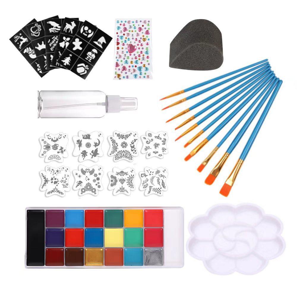 20 Colors Face Body Paint Set, Festival Party Art Kit with Palette and Stencil Tools, Artist Brushes, Tattoo Templates, Beginner & Pro Use