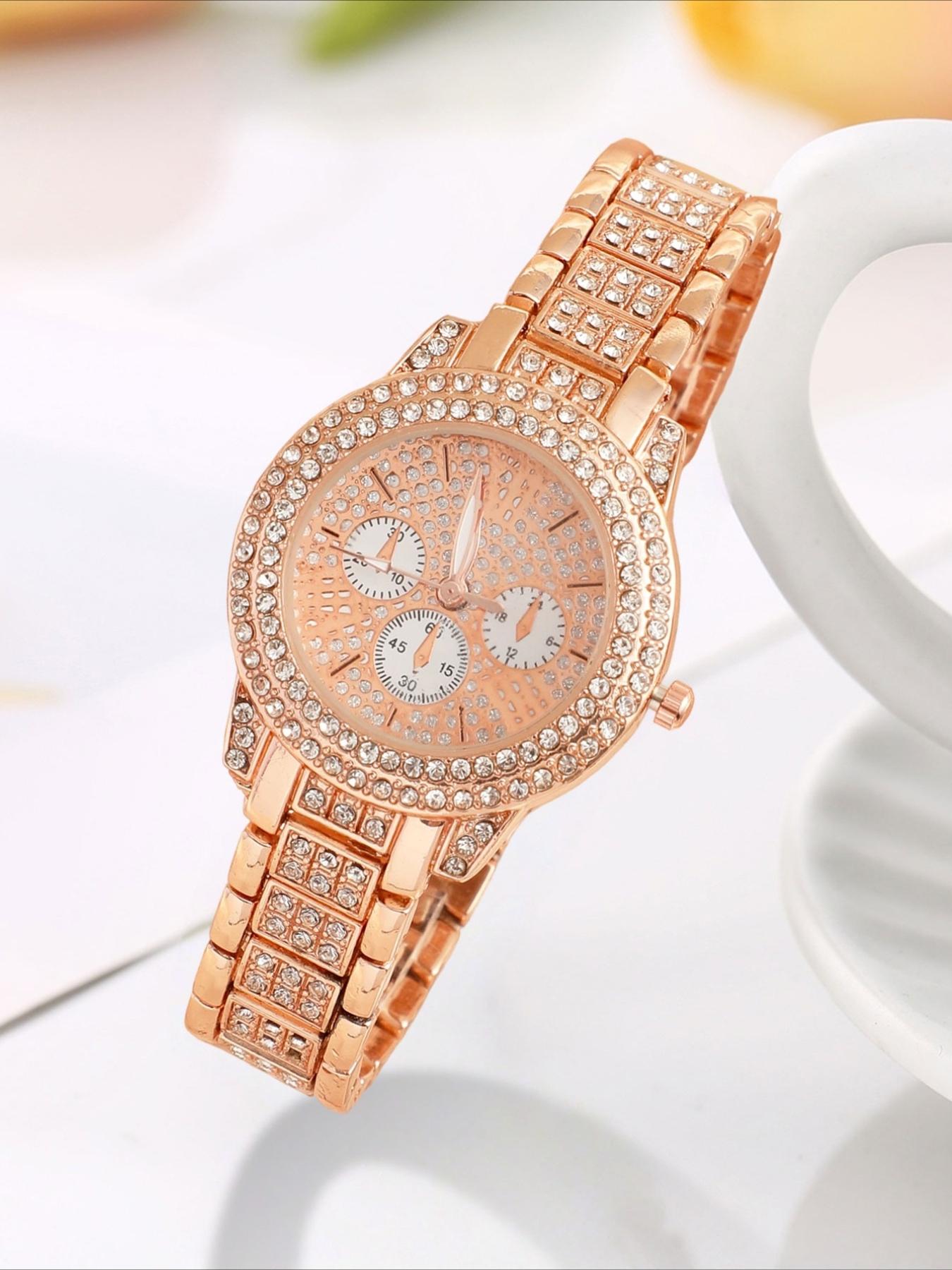 1/3counts Fashion Full Diamond Women's Watch Gold Steel Band Analog Quartz Watches