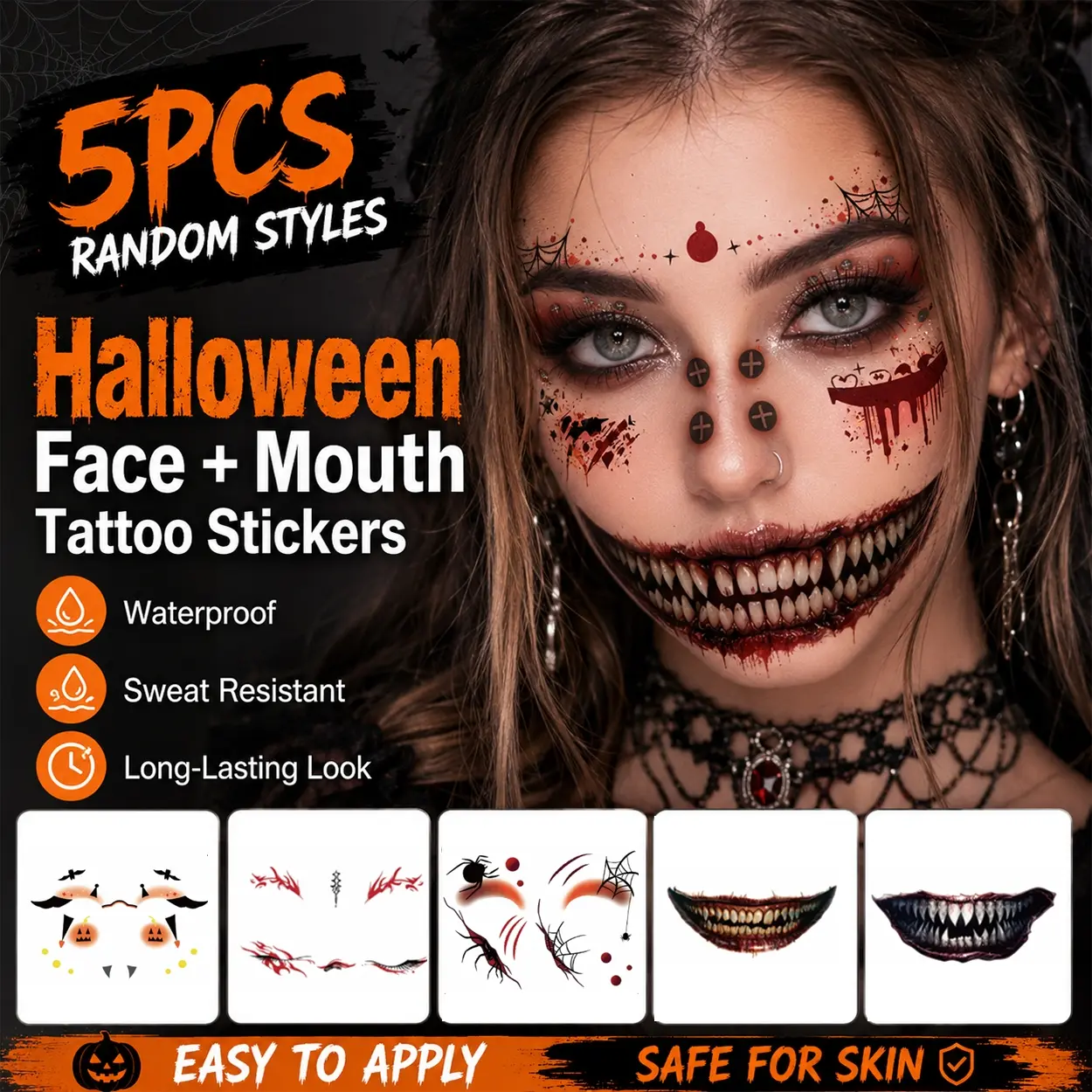 5pcs Halloween Full Face Sticker Set, Waterproof Temporary Tattoos with Fake Stitch Marks, Mouth Teeth Decals, Glitter Eye Makeup Details and Long Lasting Party Designs for Adults, Vampire Zombie Costume, Masquerade Night, Cosplay and Festival Looks
