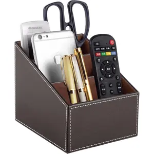 TV Remote Control Organizer/Caddy with 3 Compartments,PU Leather Remote Holder Bedside Table Top, Storage Box, Mobile Phone and Media Accessory Storage,Desk Organizers(brown)