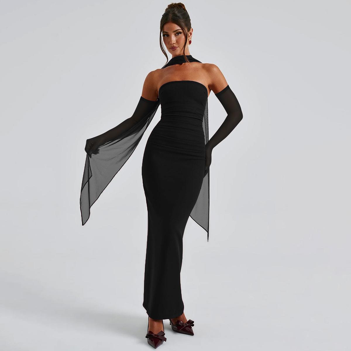 Strapless Mesh Neck Tie Long Sleeve Bodycon Maxi Dress for Women's Summer Sexy Evening Party Club Dating Gown Beach Vacation Dresses Outfits