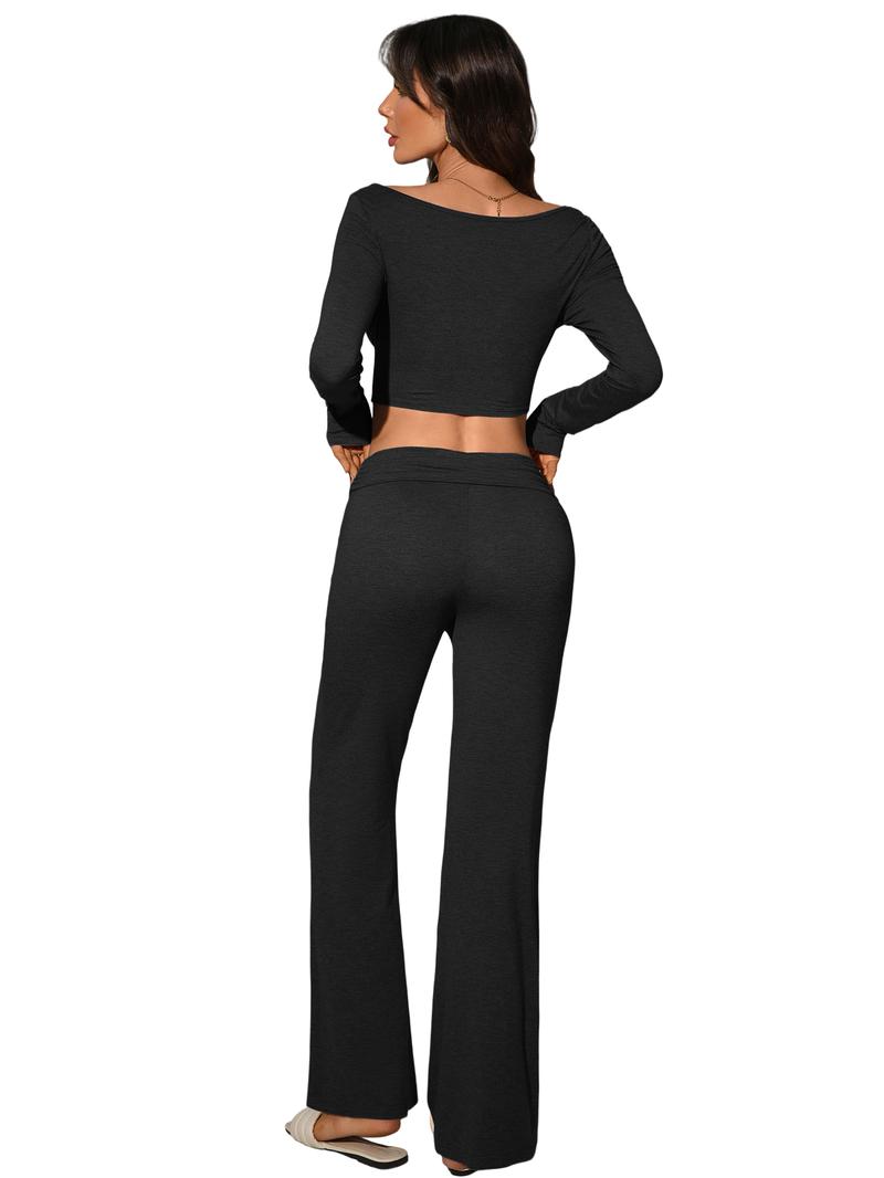 Women's Two-Piece Casual Set, Long-Sleeved Draped Neckline, Off-The-Shoulder Crop Top, Asymmetrical Hem, Flared Trousers, Everyday Wear
