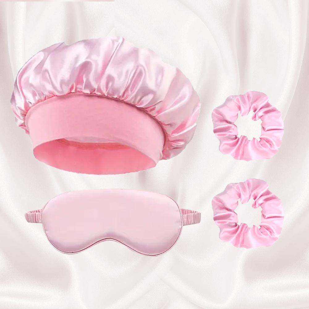 Sleep Mask and Hair Care Tool Set, Satin Sleep Cap, Soft Sleeping Eye Mask, 2 Hair Scrunchies, Alcohol-Free, Ideal for Travel & Home Use