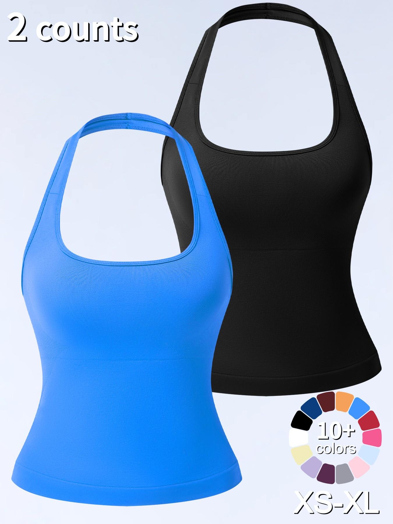 1/2/3/4 Pcs Women's Sleeveless Yoga Halter Neck Tank Top with Removable Pads, Three-Layer Seamless Backless Tank Tops Casual Solid Color Soft All Seasons Wear