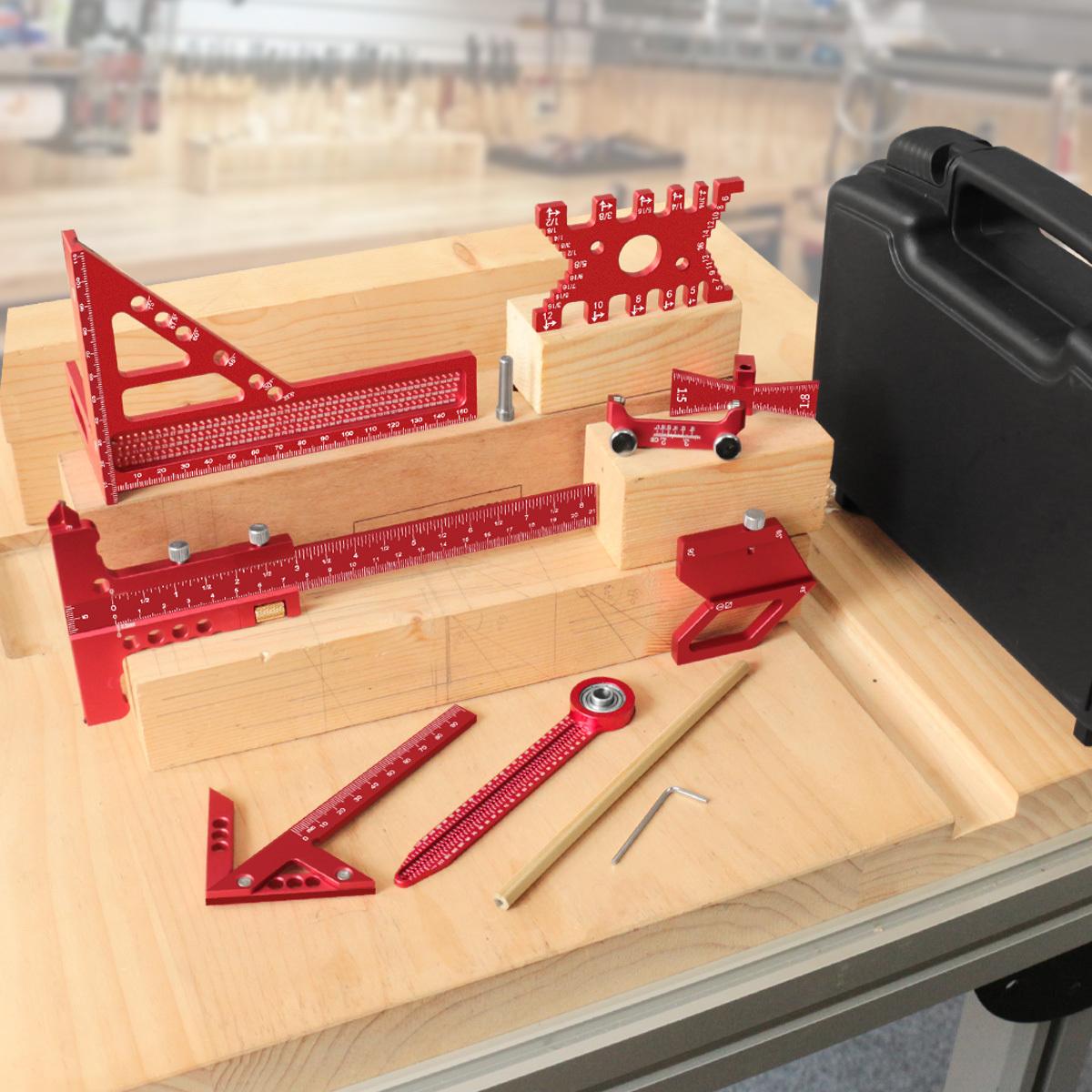6/7/8Pcs Woodworking Square Kit with Box, Precision Carpenter Quick Splicing Planning and Layout Tools, Aluminum Scribeing Ruler, Center Finder, Circular Drawing Compass, Honing Guide, Height Gauge, Measuring Ruler