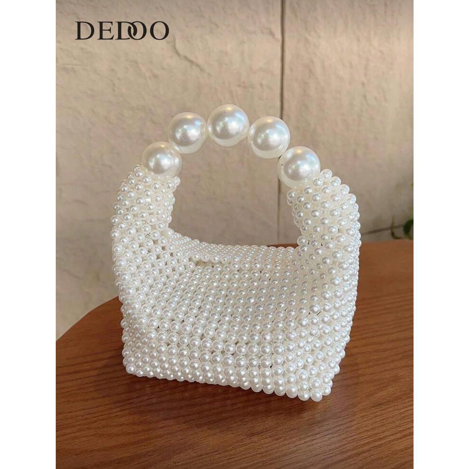 Gorgeous All-over White Pearl Beaded Handheld Evening Bag, Mini Woven Cocktail Party Clutch, Elegant Wedding Clutch, White Woven Purse, Big Chunky Pearl Ring Top Handle Mini Bead Tote Purse, Elegant Pearl Handbag for Bridal Wedding Dinner Party Night Out