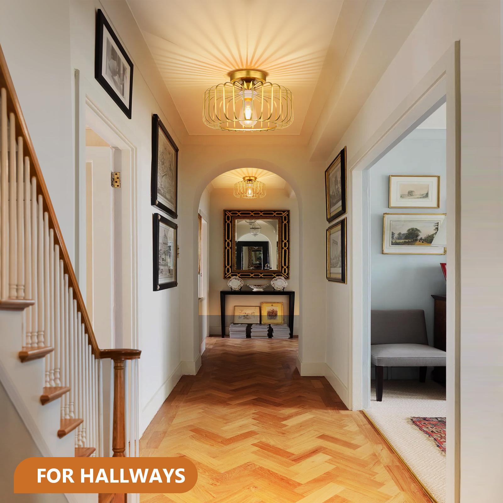 Serbasic Semi-Flush Mount Ceiling Light Fixtures Modern Gold Ceiling Light E27 Base Round Lampshade Chandelier for Hallway Bedroom Foyer Living Room Dining Room Kitchen