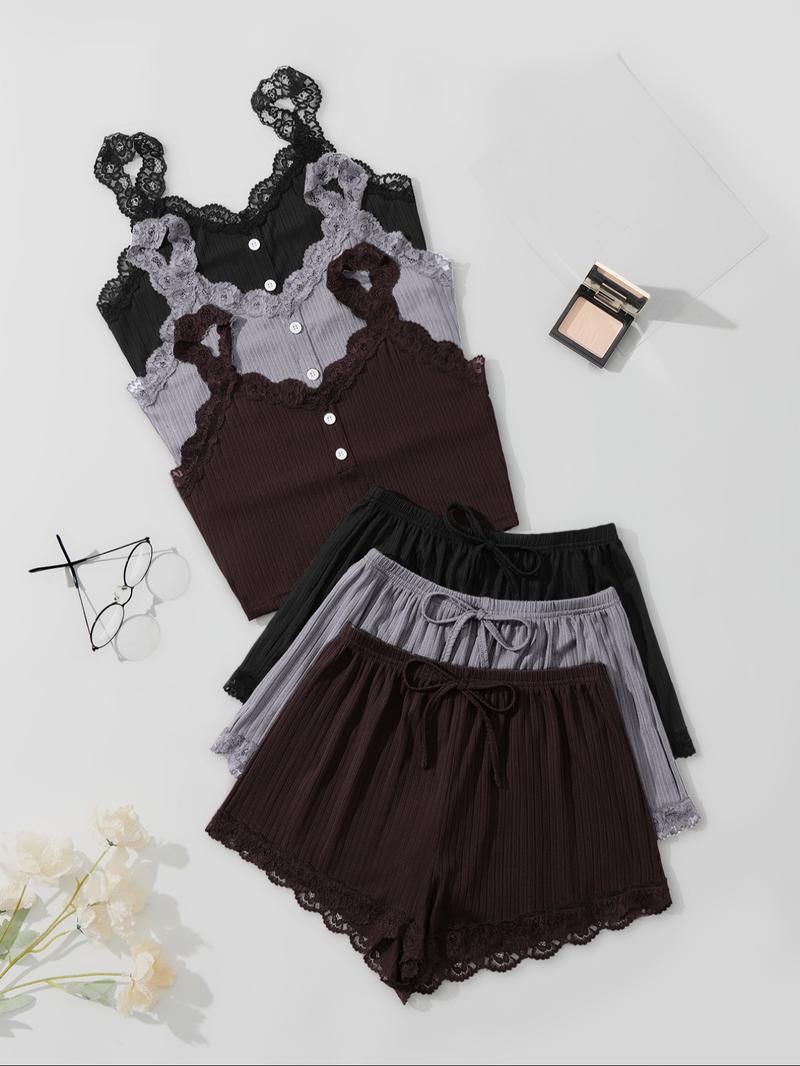 Women's Elegant Contrast Lace Button Cami Top & Elastic Waist Tie Front Shorts Pyjama Set, Casual Comfortable Loungewear Set For Women, Pyjamas for Women