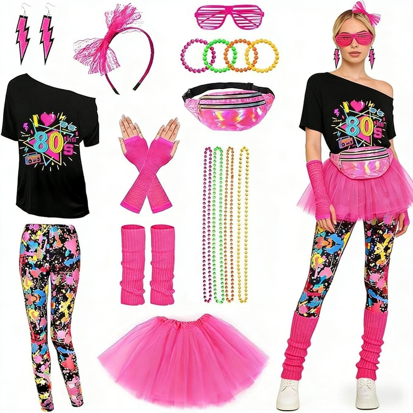 80s Drop Shoulder T-Shirt Tutu Skirt Leopard Skinny Pants Costume Set With Waist Bag Headband Necklace Bracelet Earrings Foot Covers For Bar Music Party Stage Performance