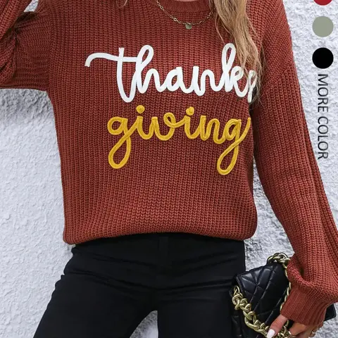 Women's Pullover Sweater Tops, Casual Round Neck Knitwear for Fall & Winter, Fitted Medium Fabric, Perfect for Thanksgiving