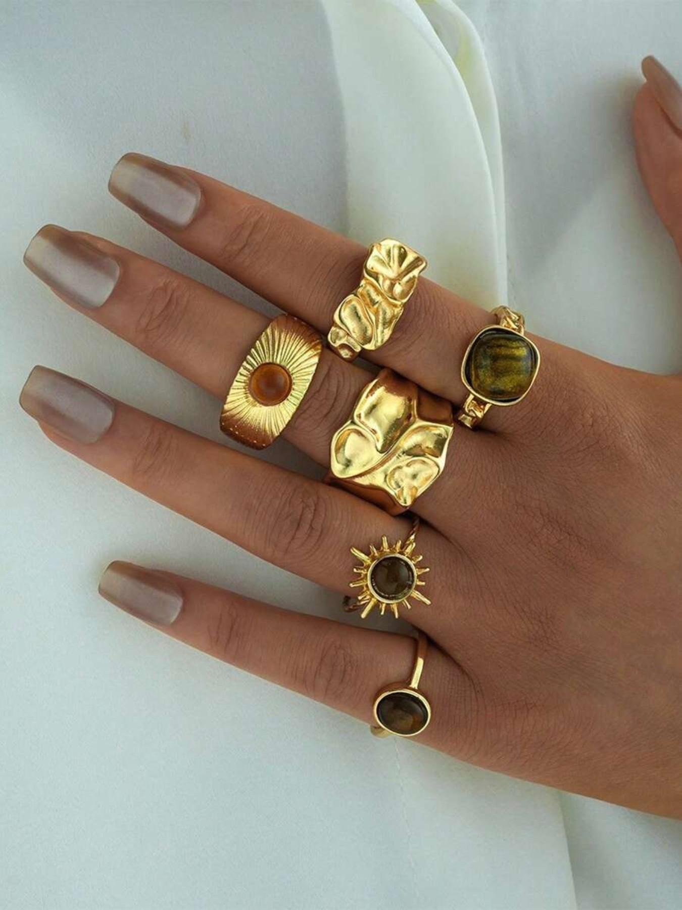 6-Piece Vintage Gemstone Irregular Ring Set, Perfect for Daily Wear, Ideal Gift, Unique Jewelry Collection, Stylish Accessories