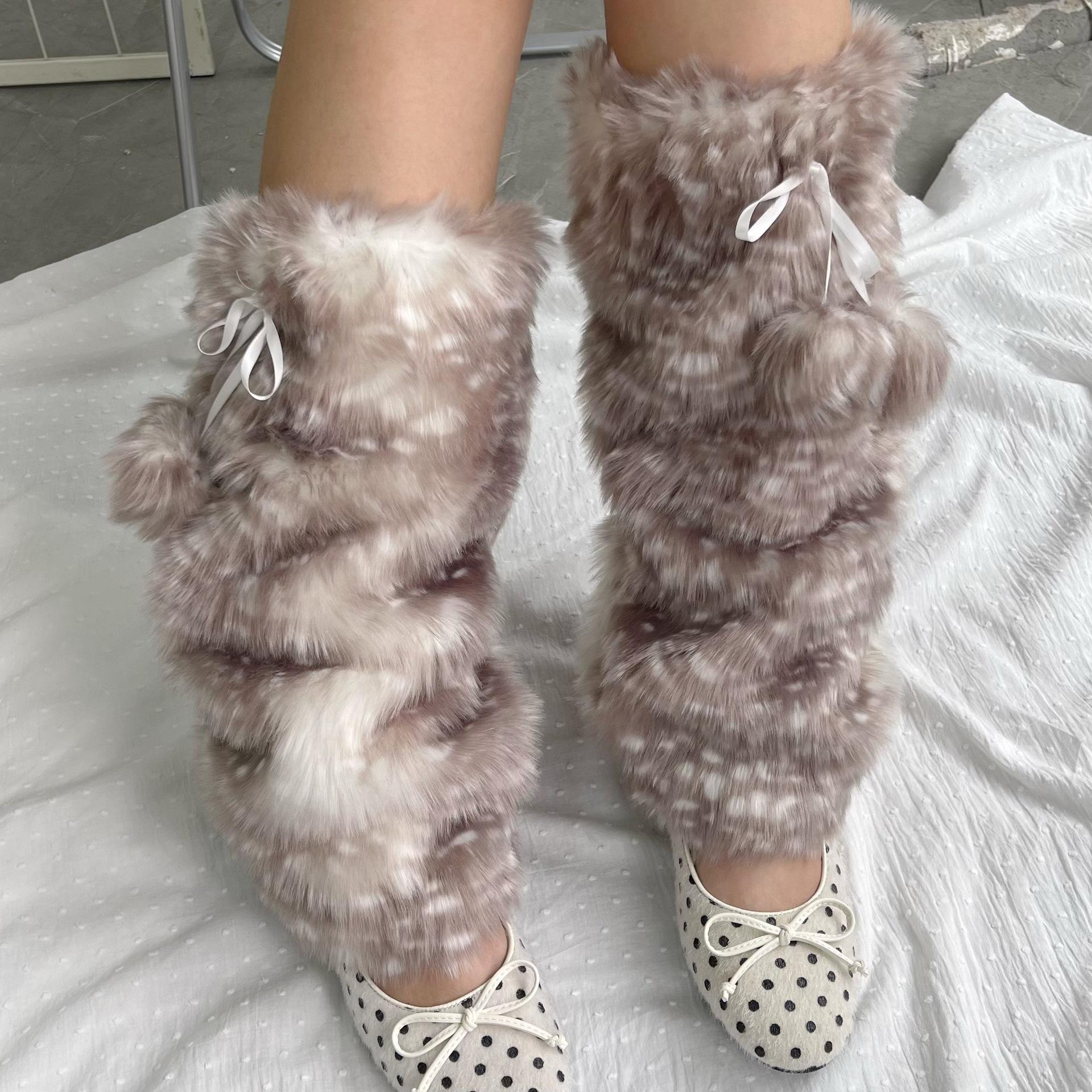 Winter Faux Fur Plush Reindeer Leg Warmers Kawaii Furry Boots Socks Cover Gothic Punk  High Boots Socks Performance Costume