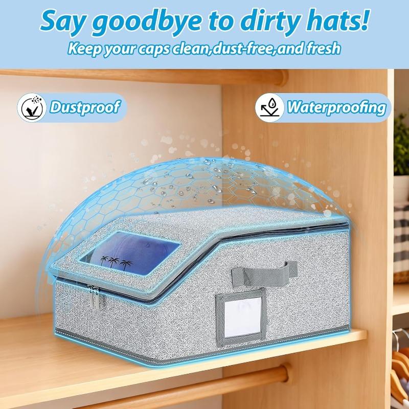 Portable Foldable Baseball Cap Storage Box with Zippered Transparent Window – Stackable, Space Saving Storage & Dustproof Hat Organizer for Home and Travel