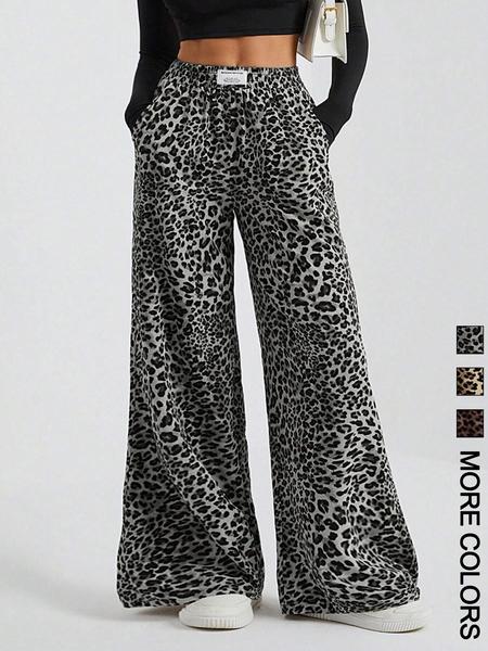 Valentine's Day Women's Leopard Print Wide Leg Pants, Casual Comfy Trousers for Daily Wear, Ladies Bottoms for Summer