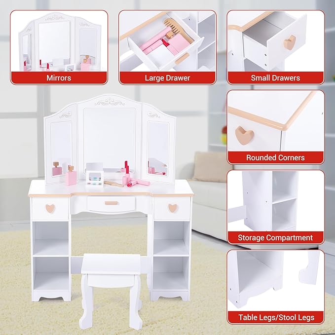 Princess Vanity Set for Kids - White Makeup Table with Mirror, Stool, and Wooden Play Makeup Accessories