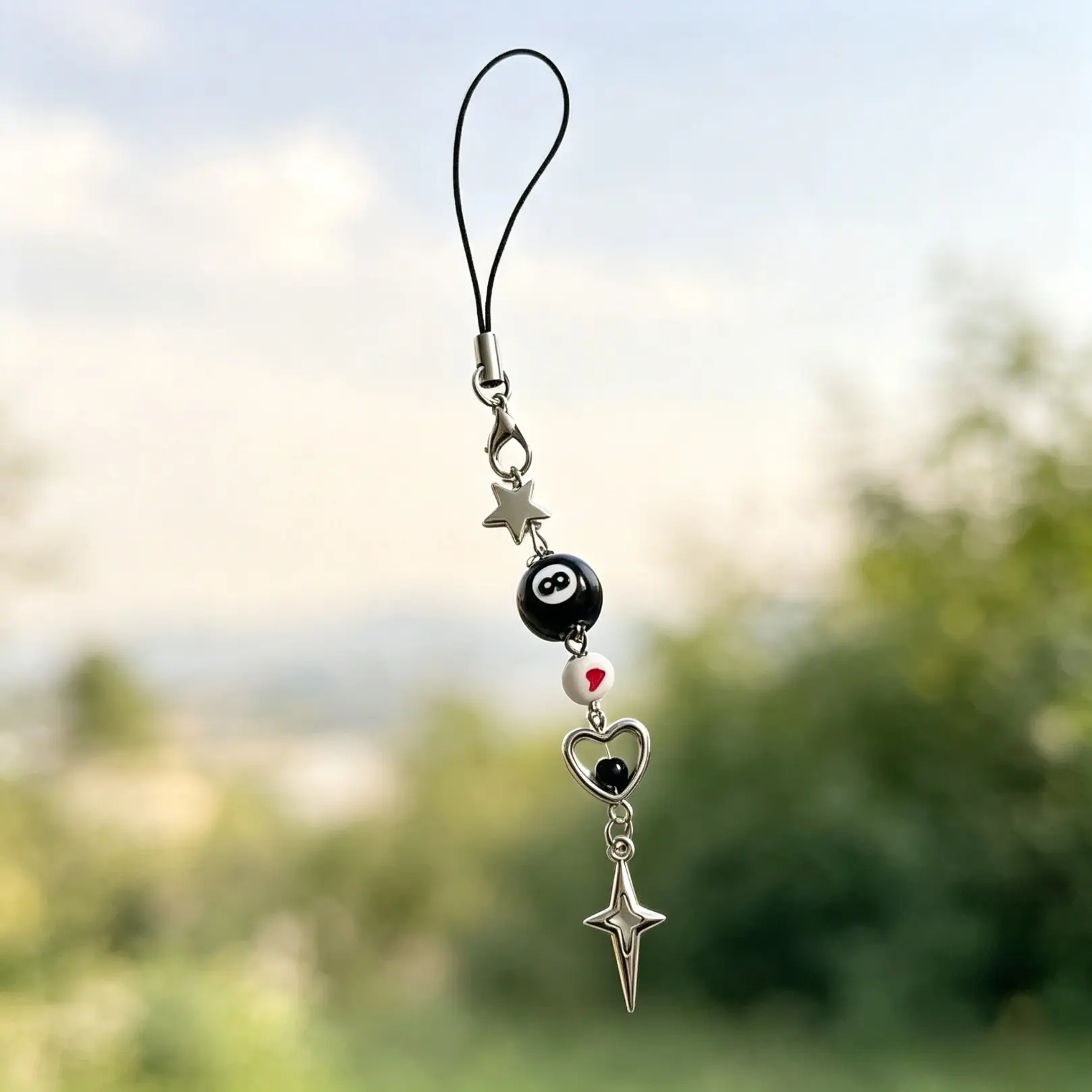 Black 8 Ball Heart Star Beaded Phone Charm, Y2K Style Mobile Phone Lanyard, Decorative Pendant For Cell Phone, Bag Decor Accessory For Girls And Women