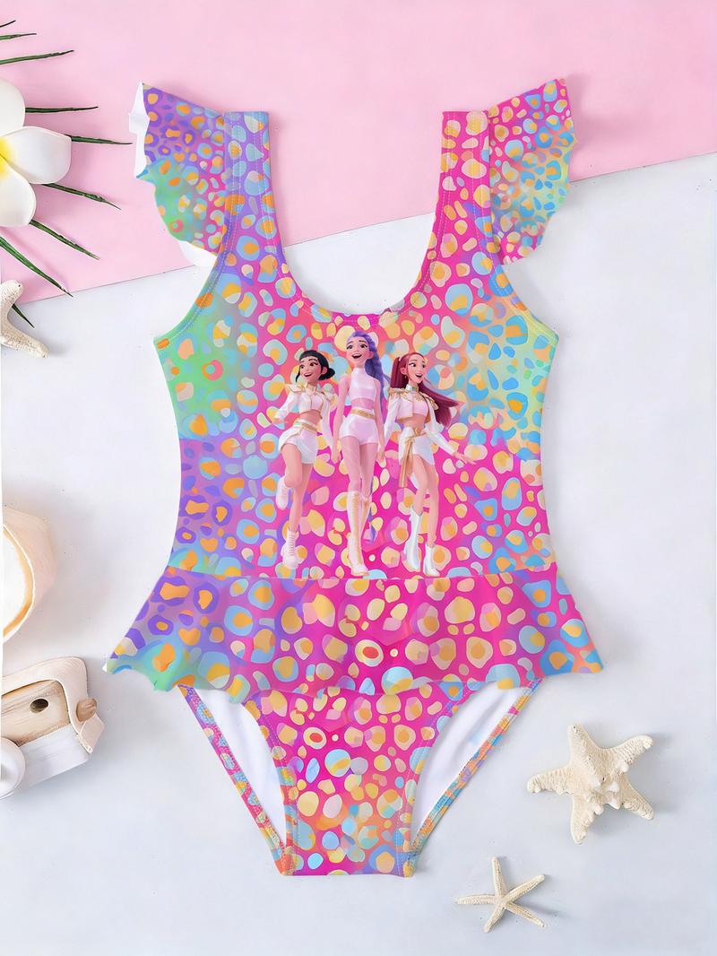 Girls Kpop Demon Hunters One-Piece Swimsuit, Colorful Polka Dot Group Image Print, Ruffled Sleeveless Swimwear, Summer Beach Wear