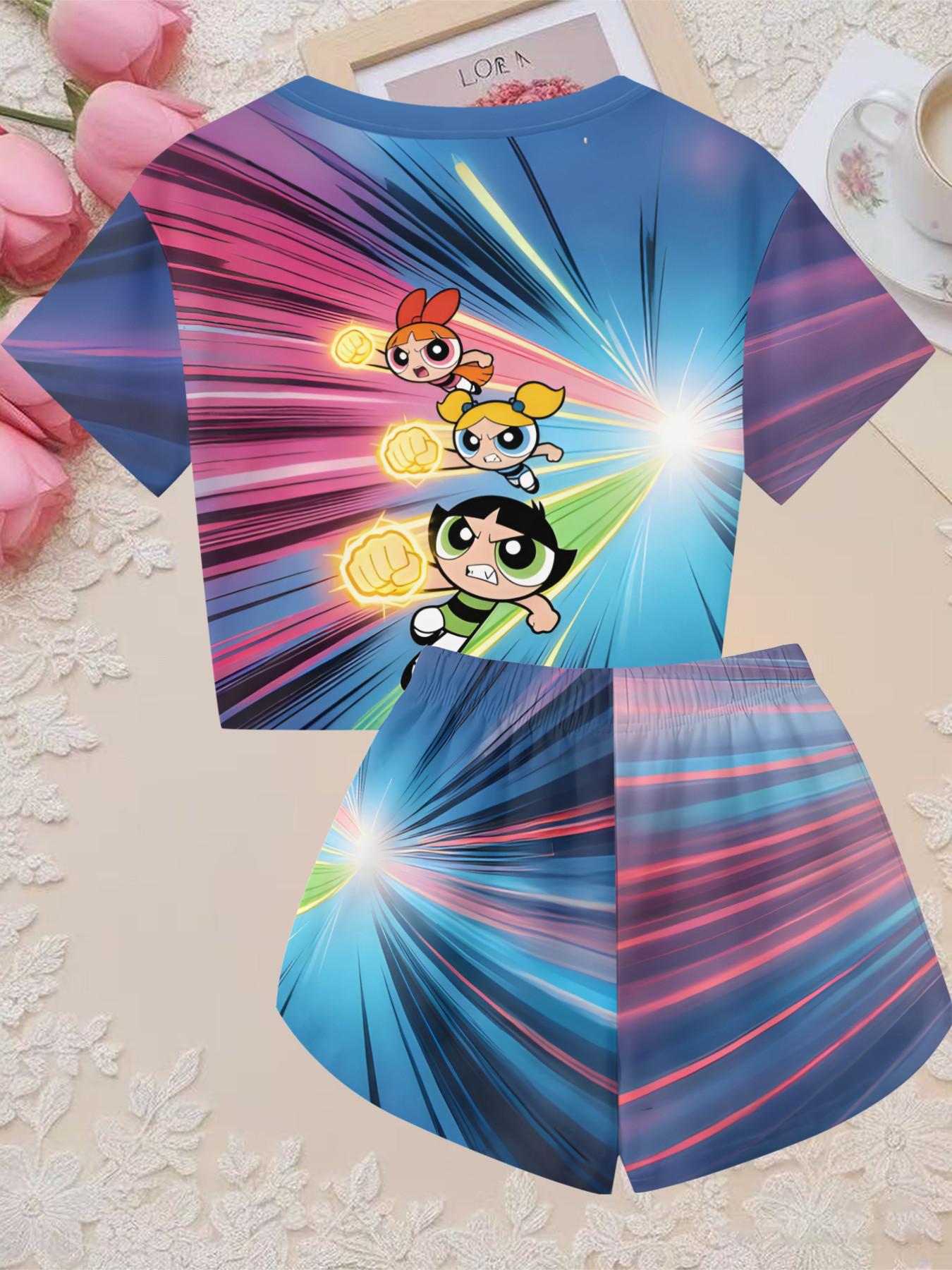 Girls' 3D Short Sleeve Powerpuff Girls Cartoon Set, Dynamic Colorblock Design, Perfect for Parties, Holiday Gifts, Birthday Presents