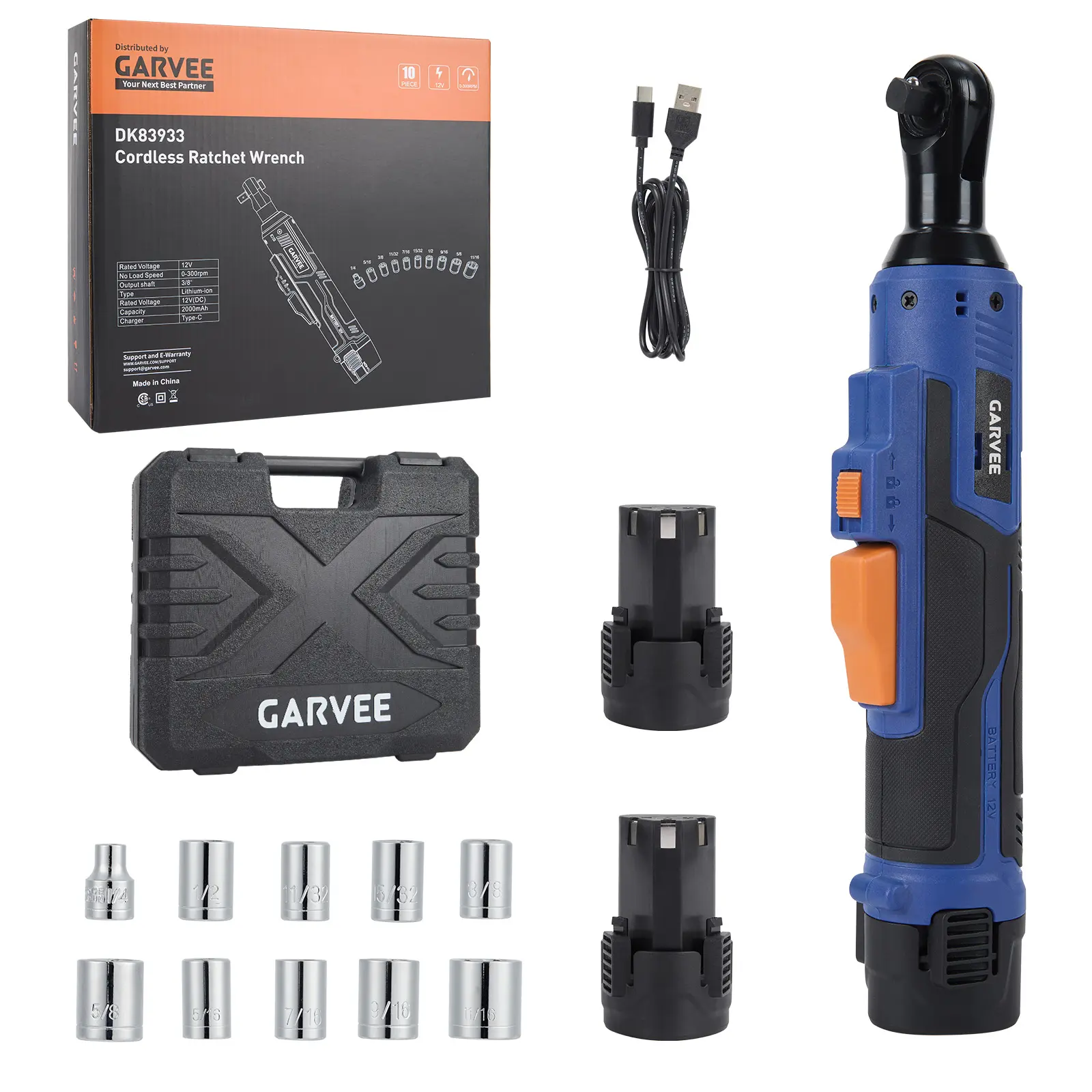 Garvee 12V Wireless Electric Ratchet Wrench Set, 3/8 in Drive, 45 Nm Torque, 0-300 RPM, LED Lights, Forward/Reverse, 2x 2000mAh Batteries, Charger, Socket Set, Ratcheting Grip for Mechanics’ Torquing Tasks