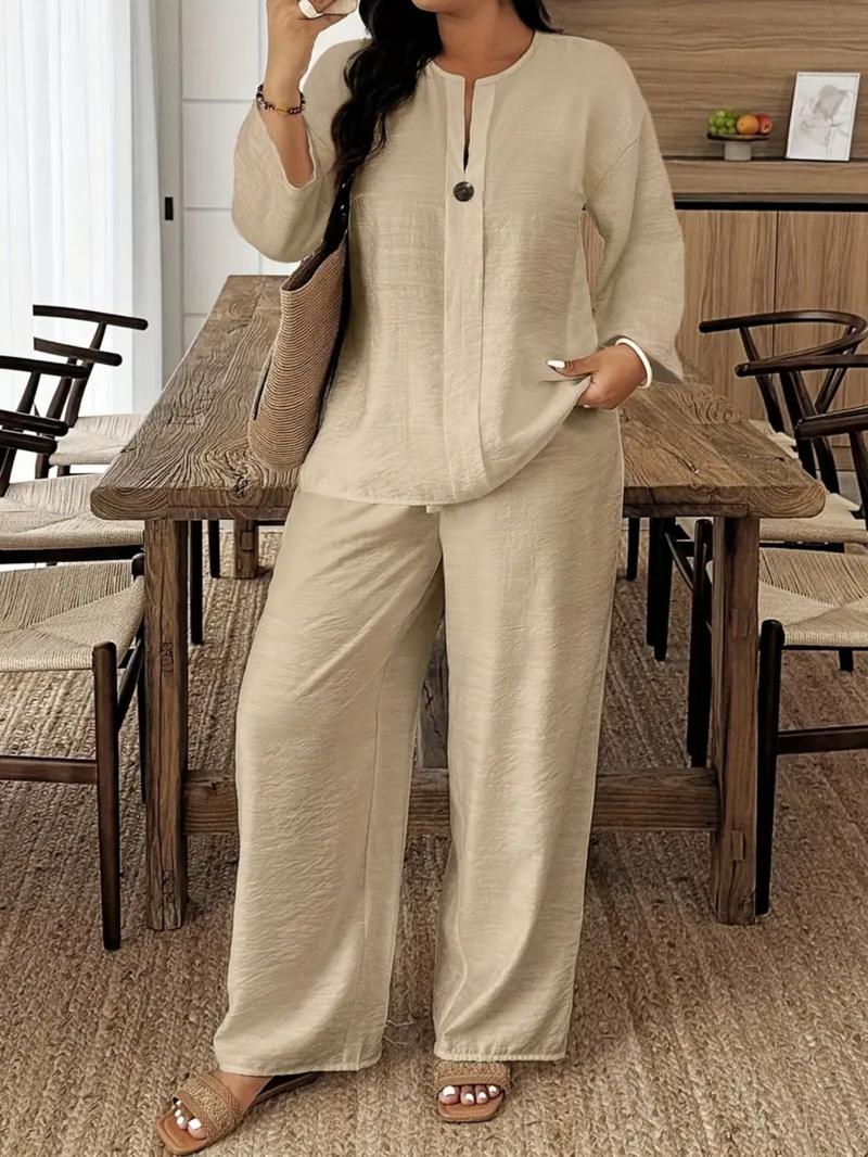 Spring Summer New Plus Size Women's Casual Breathable Long Sleeve Shirt and Loose Pants Two-Piece Set, Comfortable and Stylish