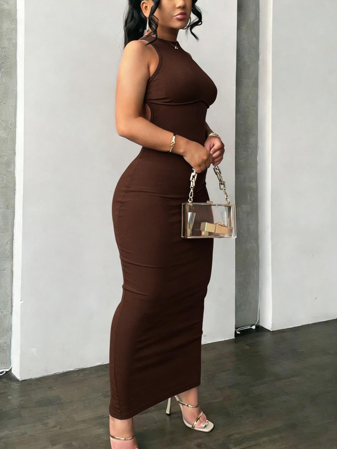 Women's Sexy Chic Off-Shoulder Midi Dress, Backless Criss Cross Design, Split Hem, High Stretch Fabric, Casual Long Sleeveless Dress