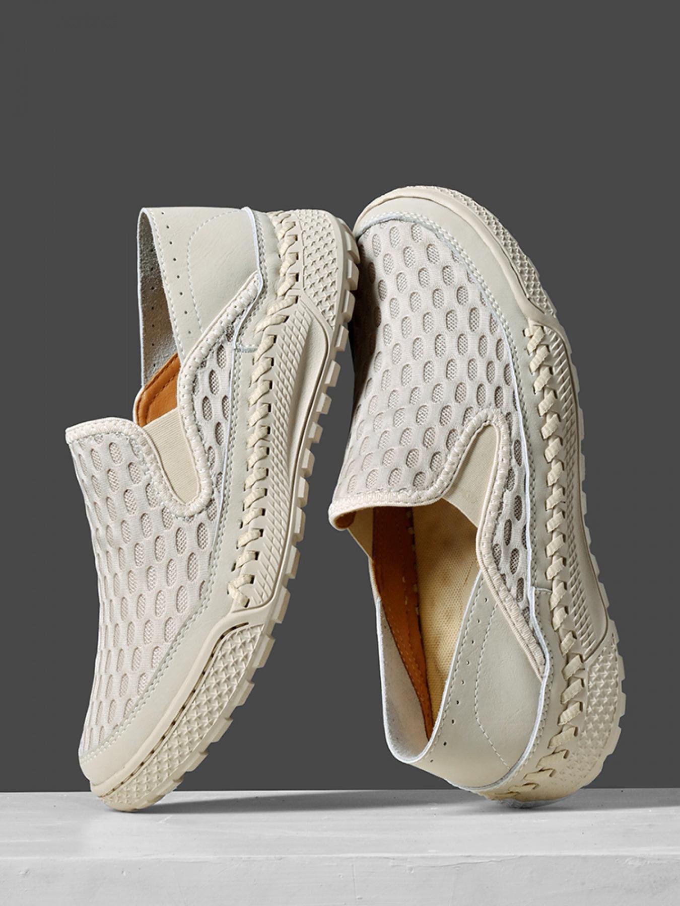 Men's Solid Color Mesh Breathable Slip-On Loafers, Soft Sole Anti-Slip Hand-Stitched Walking Shoes, Lightweight Casual Dad Shoes