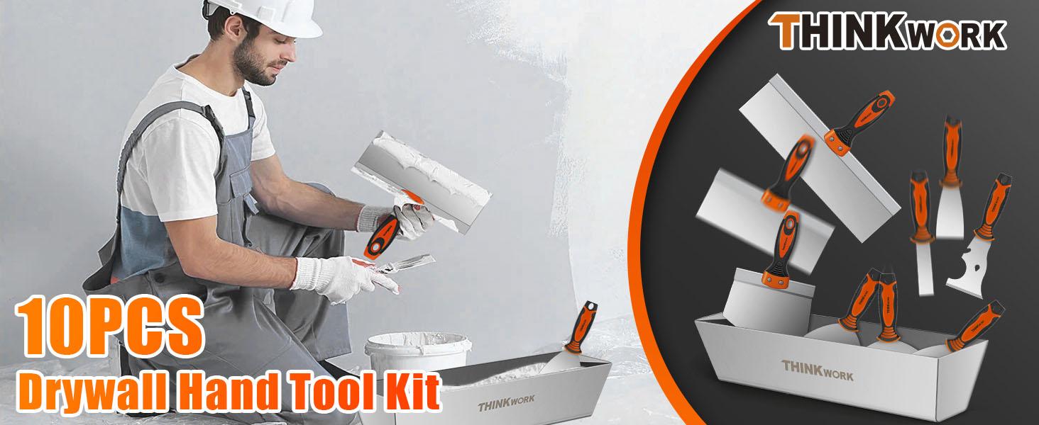 THINKWORK Drywall Hand Tool Kit 10 Pieces Stainless Steel Drywall Machine Set with Ergonomic Handle Mud Pan & Seamer for DIY Projects