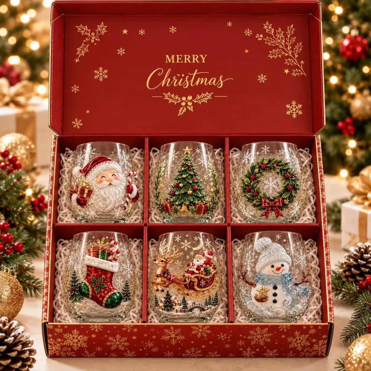 6 Piece Christmas Wine Glass Set, 3D Glass Art Cups, Snowflake Decor, Gift Box Included, Holiday Party Decoration, Tableware