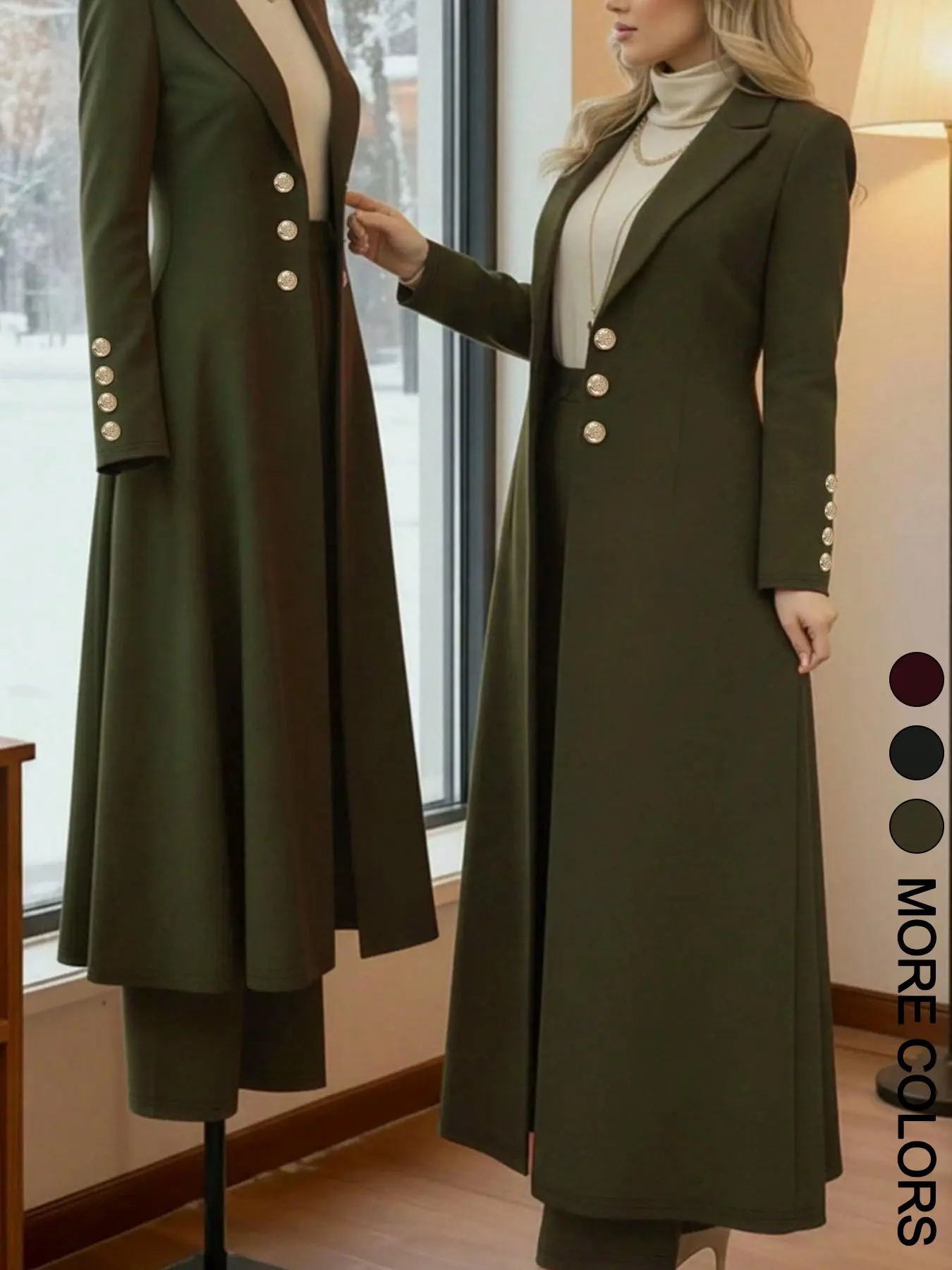 Women's Loose-Fit Button-Down Long Coat + Straight Leg Pants Set, Slimming Waist Design, Fall Winter Chic Casual Office Wear
