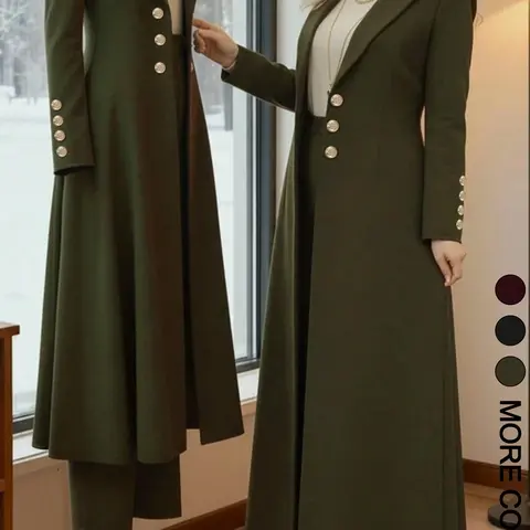 Women's Loose-Fit Button-Down Long Coat + Straight Leg Pants Set, Slimming Waist Design, Fall Winter Chic Casual Office Wear
