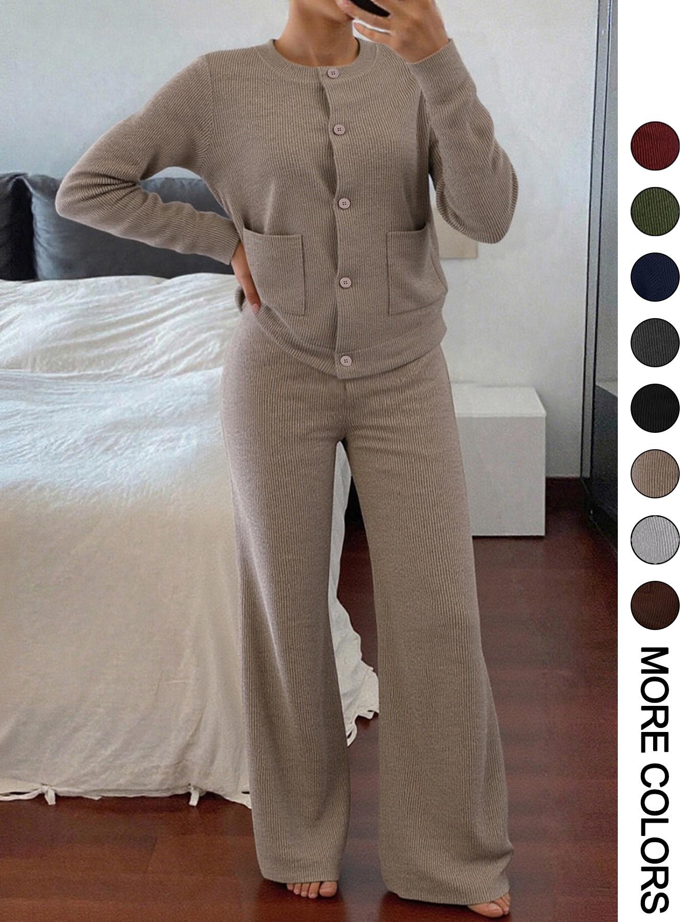 Women's Casual Comfortable Round Neck Long Sleeve Knit Sweater Set, High Waist Versatile Wide Leg Pants, Perfect for Daily Wear
